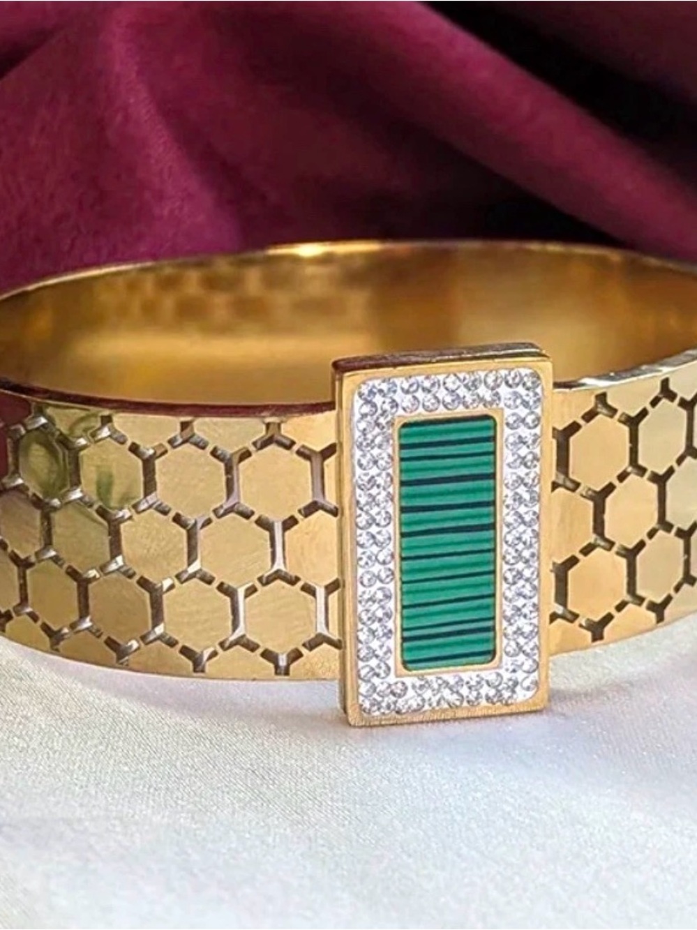 Gold Honeycomb Cuff Bracelet with Green Malachite Accent